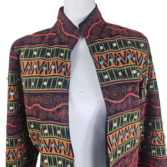 VTG Silk Club Eclectic Silk Jacket Sz PM Colorful Artsy Button Accents Open - Picture 4 of 9